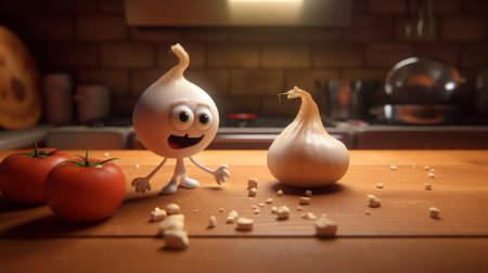 in this pixar-style animation by paul wong, garlic friends with eyes are seen talking to each other amidst dusty piles in the kitchen background. the low depth of field adds to the charm of the scene. ai generatedの素材