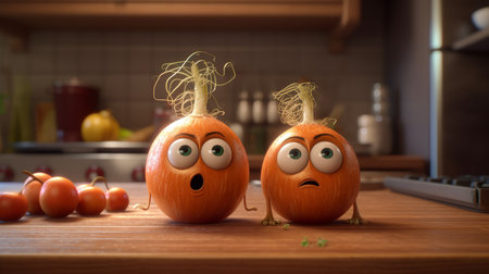 in this pixar-style animation by paul wong, onion friends with eyes chat with each other amidst dusty piles in a kitchen background. the low depth of field adds to the charm of the scene. ai generatedの素材