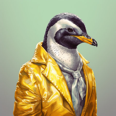 a realistic portrait painting of a penguin dressed in a silver shirt, created in post-painterly style with yellow, white, and light green colors. the image is being shared on social networks, particularly on flickr, and has a heistcore and hip-hop vibe. ai generatedの素材