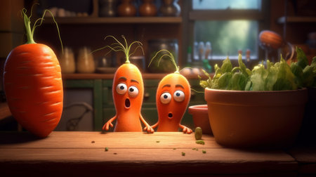 paul wong's pixar-style animation features carrot friends with eyes chatting in a kitchen with a dusty pile and low depth of field. ai generatedの素材