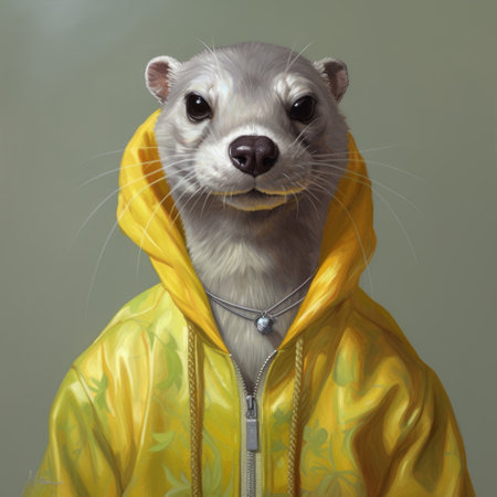 a realistic portrait painting of an otter dressed in a silver shirt, with yellow, white, and light green colors, has been shared on social networks. the painting is done in a post-painterly style, with attention to realistic figures. the image can be found on flickr and has a heistcore and hip-hop vibe. ai generatedの素材