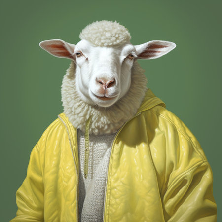 this realistic portrait painting of a sheep dressed in a silver shirt is a stunning example of post-painterly style. the yellow, white, and light green color scheme adds a unique touch to the piece. the painting has gained popularity on social networks, particularly on flickr, and has been embraced by fans of heistcore and hip-hop style. ai generatedの素材