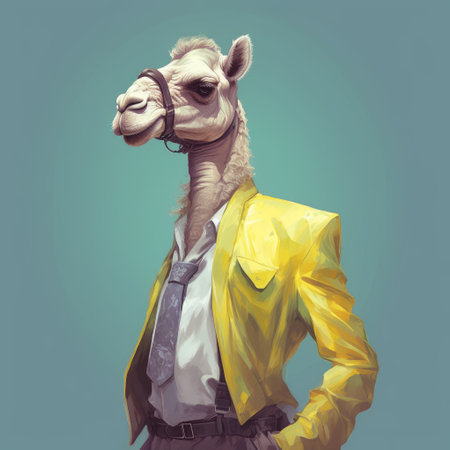 a realistic portrait painting of a camel dressed in a silver shirt, with yellow, white, and light green hues. the artwork is shared on social networks, particularly on flickr, and features a heistcore and hip-hop style. ai generatedの素材