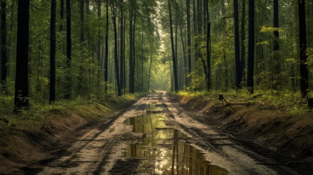 this photo, taken with a nikon d850 and provia film, captures the eerie beauty of a swamp on an empty dirt road in the forest. the snapshot aesthetic adds to the haunting atmosphere. ai generatedの素材