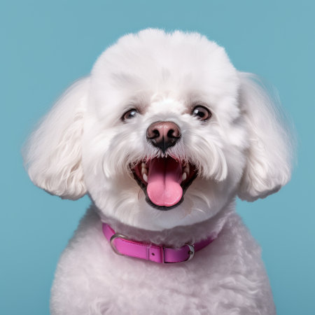 a delightful bichon frise breed dog with a happy expression posing on a plain color background. ai generatedの素材