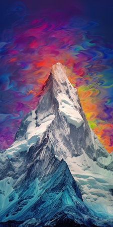 experience the vibrant and distorted colors of gasherbrum ii in a psychedelic rendition taken from an opaque and non-reflective estuary. the image quality is exceptionally high, allowing you to appreciate the cold bluish colors and psychedelic swirls. ai generatedの素材