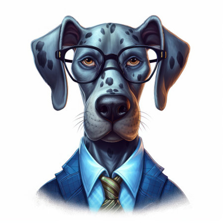 this cartoon depicts a great dane wearing a suit and glasses, with blue eyes and an analytical expression. ai generatedの素材