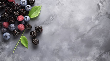 a sleek and modern arrangement of blackberries in a minimalist style, set against a polished concrete backdrop. the mix of light gray and navy colors adds a touch of sophistication to this simple yet elegant display. ai generatedの素材
