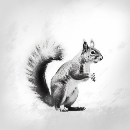 this artwork features a squirrel in black and white, created using minimalist strokes and bold saturation. the artist is known for their realist approach, achieving lifelike accuracy in their work. they also have a talent for framing and abstract minimalism, and are skilled at creating hyper-realistic atmospheres with rim light. ai generatedの素材