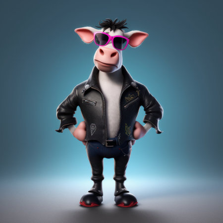 a cow dressed in a black biker jacket, jeans, and sunglasses stands upright on its hind legs in a stunning disney pixar cartoon. ai generatedの素材