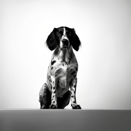 this artwork features a dog in black and white, created using minimalist strokes and bold saturation. the artist is known for their realist approach, achieving lifelike accuracy in their work. they also have a talent for framing and abstract minimalism, and are appreciated for their ability to create hyper-realistic atmospheres. the use of rim light adds depth and dimension to the piece. ai generatedの素材