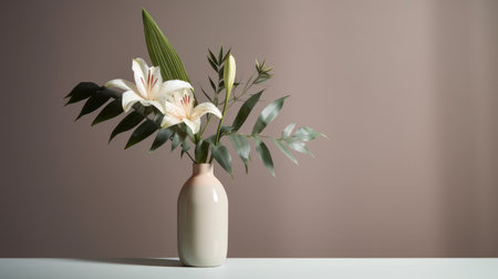 this painting features a modern and minimalistic tropical flower arrangement in a vase. the style is minimalist with clean lines and a simple color palette. the focus is on the subject with neutral tones and soft lighting. a perfect example of modern portraiture. ai generatedの素材