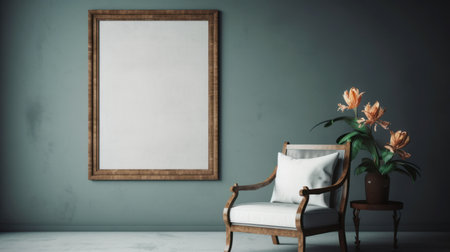 a blank wooden frame stands on a board on the wall, with a single hibiscus in front of it. the natural light highlights the upholstery selection. the wall color is gray. ai generatedの素材