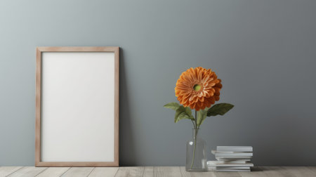a simple yet elegant room layout featuring a blank wooden frame mounted on a gray wall, with a single zinnia flower placed in front of it. the natural light adds a warm touch to the overall ambiance. ai generatedの素材