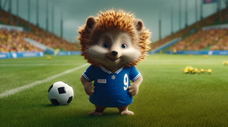 create a unique hedgehog mascot dressed in a soccer uniform with a soccer stadium as the background. the image will be unmarked and available in 4k resolution. ai generatedの素材
