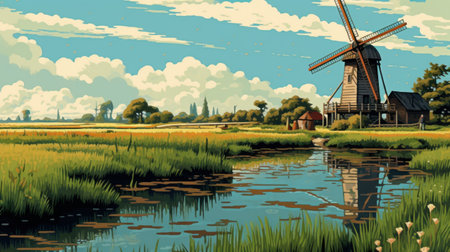 this pixel art depicts a beautiful marsh with a majestic windmill in the distance, created in the style of the san francisco renaissance. the artwork boasts 32k uhd resolution and features realist detail, detailed marine views, and an exotic feel inspired by the works of simeon solomon. the piece is a tribute to the renowned artist hirohiko araki. ai generatedの素材