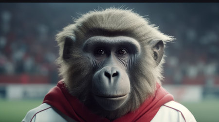 create a 4k baboon mascot wearing a soccer suit with an unmarked soccer stadium as the backdrop. ai generatedの素材