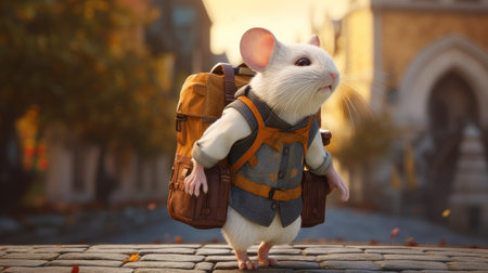 this animated mouse is carrying backpacks on his back, with detailed costumes and photo-realistic white and amber matte painting. the style is villagecore and the expressions are animated. the resolution is 32k uhd. ai generatedの素材