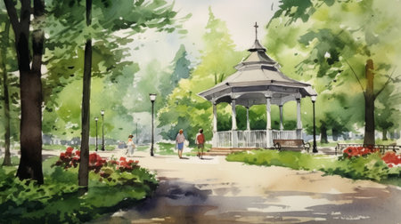 this watercolor painting depicts washington park with high detail and a light background. the artist has captured the beauty of the park in a unique and artistic way. ai generatedの素材