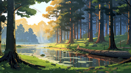this forest illustration features a large canopy tree, medium-sized leaves, and a beautiful morning sunlight. the detailed texture of the forest is inspired by makoto shinkai's artstyle. the illustration is in png format with a cutout and a white background, featuring full trees. the forest is located beside a slope beautiful lake with few stumps on the ground. ai generatedの素材