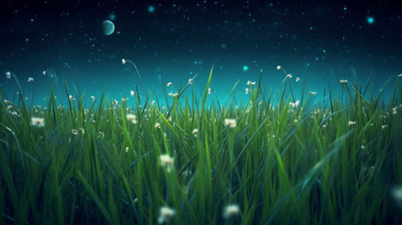 the grass sways gently in the breeze as the moon and stars light up the sky, creating a beautiful night scene with a flat color palette. ai generatedの素材