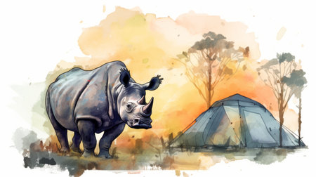 a beautiful watercolor graphic of a rhinoceros standing in front of a campsite. the image is in vector format with contour lines. ai generatedの素材