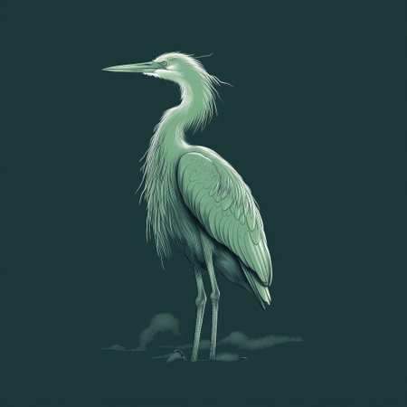 this sketch captures a side view of a heron with a moving head, set against a green and white cloud. the thick lines and minimalist style make for a striking image in the best quality 8k resolution. ai generatedの素材