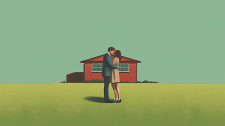 a modern minimalist illustration by bryan lee o'malley depicts two people in vintage clothing embracing on a green lawn. ai generatedの素材