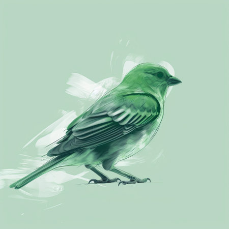 this sketch depicts a finch in side view, with its head turned towards a cloud. the minimalist style uses thick lines in green and white, and the image is of the best 8k quality. ai generatedの素材