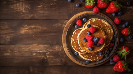 enjoy a mouth-watering breakfast with these delicious pancakes served on a rustic wooden table. the top view of the pancakes gives a perfect shot for your instagram feed. ai generatedの素材