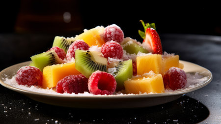 enjoy a delicious fruit salad with a delicate dusting of powdered sugar. the backlit presentation enhances the caramelized sweetness of the fruit. ai generatedの素材