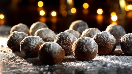 these truffles are beautifully backlit to enhance their caramelized sweetness. the delicate dusting of powdered sugar adds a touch of elegance to this decadent treat. ai generatedの素材