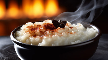 enjoy the caramelized sweetness of our beautifully backlit rice pudding, dusted with a delicate layer of powdered sugar. ai generatedの素材