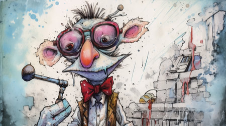 experience the unique blend of gonzo art and ren and stimpy styles in this character illustration by ralph steadman. the inks and stains add to the gritty alley background. ai generatedの素材