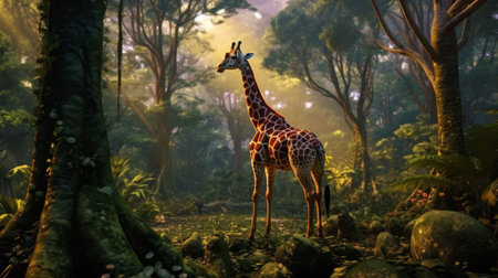 experience the majestic sight of giraffes rutting in their natural habitat, surrounded by lush greenery and towering trees. ai generatedの素材