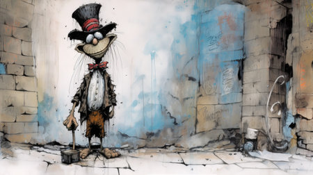 experience the unique blend of gonzo art and ren and stimpy styles in ralph steadman's michael street character. the inks and stains add to the character's gritty alley background. ai generatedの素材