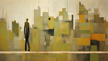 this full-body acrylic painting features olive green and burnt sienna colors on an unprimed canvas. the cubist style is reminiscent of martin rak's work, with dark bronze and soft cream accents. created by artist duy huynh in 2012. ai generatedの素材