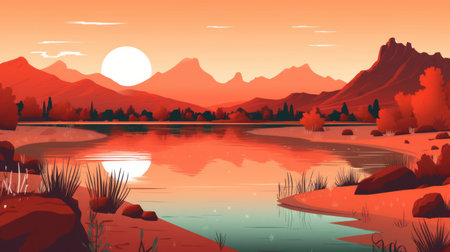 a simple illustration of a desert landscape with mountains in the background, a lake with trees in the foreground, and a clear blue sky. ai generatedの素材