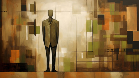 this unprimed canvas painting, created in 2012, features a full body figure in olive green and burnt sienna, with a cubist style reminiscent of martin rak. the color scheme includes dark bronze and soft cream, and the artist behind this piece is duy huynh. ai generatedの素材