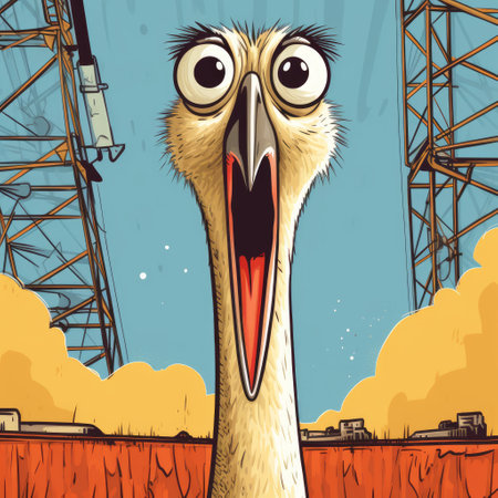 a humorous cartoon illustration of a crane bird with a very shocked expression on its face. the bird's eyes are wide open and its beak is agape, conveying a sense of surprise and disbelief. ai generatedの素材