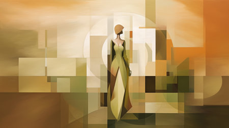 this acrylic painting from 2012 is a stunning example of digital art, created in the style of martin rak. the piece features a full body portrait in olive green and burnt sienna on an unprimed canvas, with a cubist design in dark bronze and soft cream. the artist, duy huynh, has expertly captured the essence of rak's style while adding his own unique touch. aiの素材