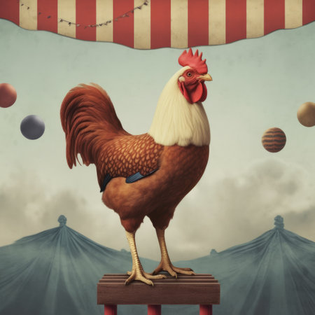 this design features a chicken in the style of 1930s poster art. the bold colors and typography make it a great addition to any kitchen or dining room. ai generatedの素材