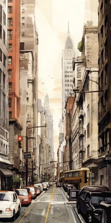 experience the bustling city of new york through a unique and minimalist perspective with watercolor paintings in the style of alex ross. captured through a wide angle lens, this collection offers a fresh take on the iconic cityscape. ai generatedの素材