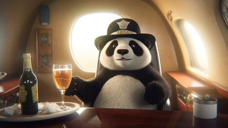 a 3d cartoon v5 depicts a panda enjoying a glass of champagne while flying in a private jet. ai generatedの素材