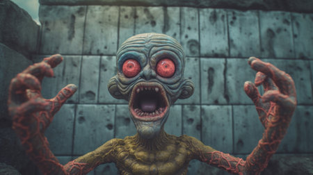 a scared annunaki with wet gray skin and red eyes stands in front of a cinder block wall from the 1940s. the scene has a psychedelic vibe with a lava pancake in the foreground. the image has been professionally color graded with soft shadows and no contrast, giving it a clean sharp focus. in the background, there is a slime lurking, giving off an evilの素材
