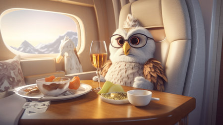 a 3d cartoon version of an owl is depicted sitting in a private jet with a glass of champagne in their hand. ai generatedの素材