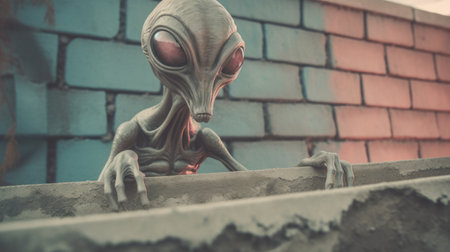 a roswell alien with wet gray skin and red eyes appears scared in front of a cinder block wall from the 1940s. the scene has a psychedelic vibe with a lava pancake in the foreground. the image has been professionally color graded with soft shadows and no contrast, giving it a clean sharp focus. in the background, a zombie lurks, giving off an evil presence.の素材