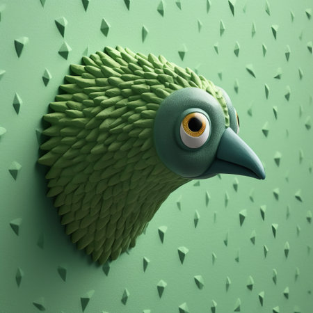 this close-up shot showcases a sconce of a green bird figurine with painted eyes on its head, designed in the style of evgeni gordiets. the intricate details and unique design make it a standout piece of art. ai generatedの素材