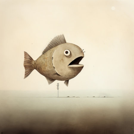 this art piece by jon klassen depicts a fish with a hand in its mouth, accompanied by a snicker emoji. the artwork has no background, making the fish and hand the main focus. ai generatedの素材