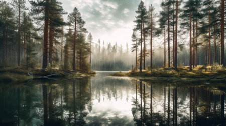 experience the breathtaking beauty of a serene lake forest surrounded by towering pine trees. the picturesque view is a perfect escape from the hustle and bustle of city life. ai generatedの素材